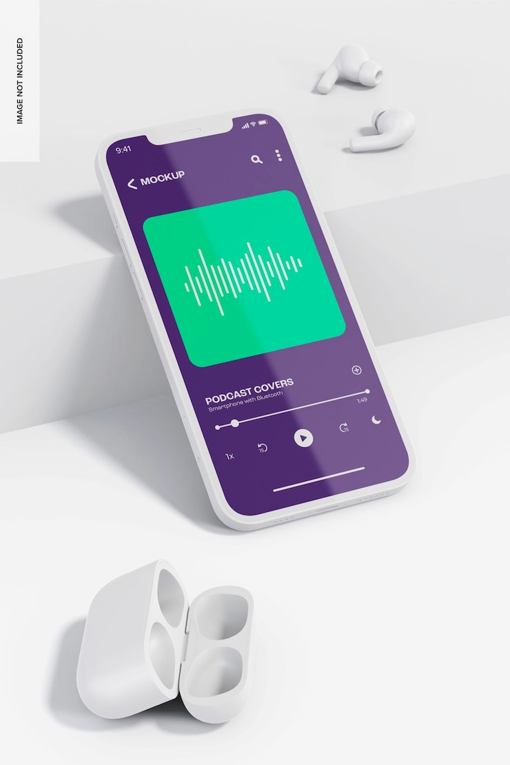 PSD smartphone com maquete de fones de ouvido bluetooth, inclinado