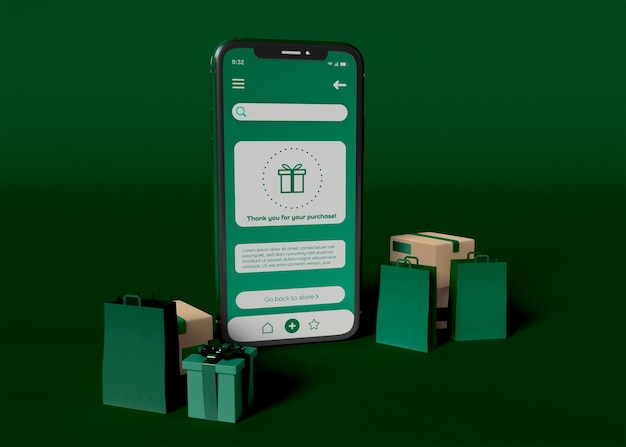 Smartphone com maquete de sacolas de compras on-line