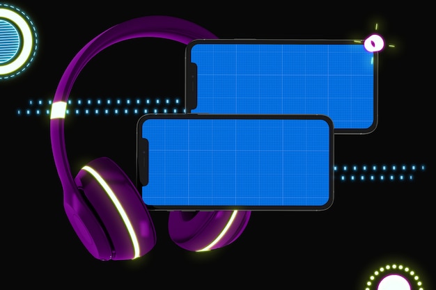 Smartphone com maquete de tela e fones de ouvido, conceito de aplicativo de música
