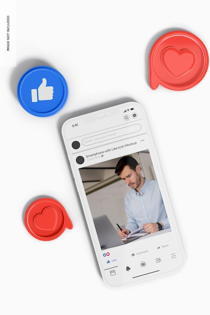 Smartphone com maquete do ícone Like, vista superior
