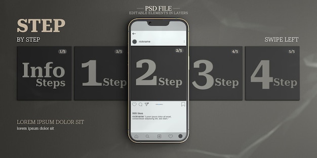 PSD smartphone com renderização 3d de interface de carrossel de mídia social