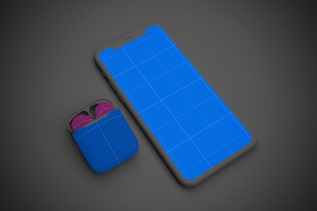 Smartphone com tela de maquete e fones de ouvido
