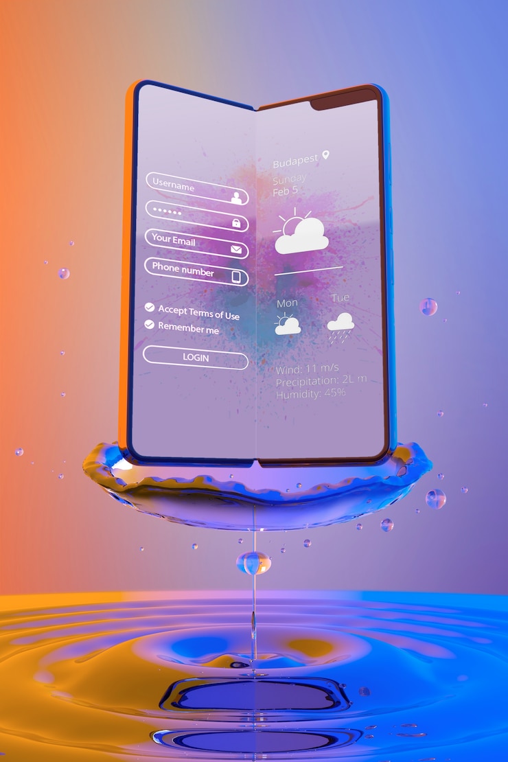 PSD smartphone con la pagina di accesso e sfondo colorato liquido