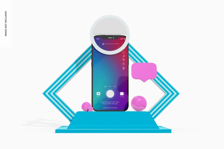PSD smartphone con mini ring light mockup, sul podio