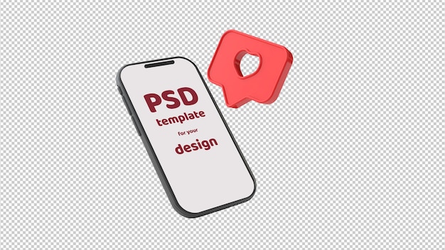 Smartphone con posto sullo schermo per il testo e icona simile su sfondo trasparente. Illustrazione 3D. Mockup di San Valentino