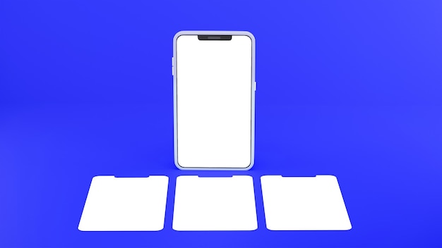 Smartphone de renderização 3d com maquete de telas em branco sobre fundo desfocado