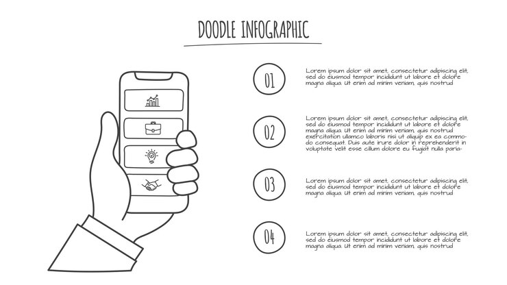 PSD smartphone doodle en la mano con 4 opciones iconos dibujados a mano ilustración infográfica de línea delgada