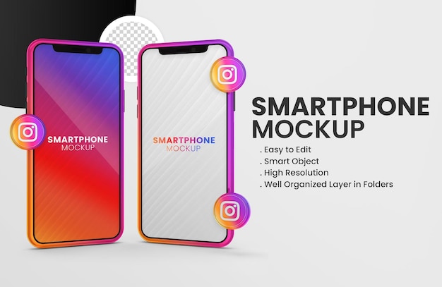 Smartphone dual de instagram con icono de render 3d de instagram para redes sociales