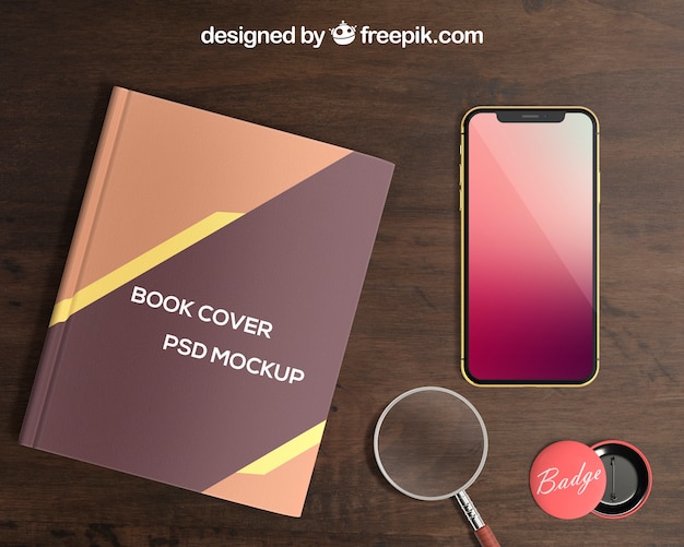 Smartphone e capa de livro mockup com distintivo