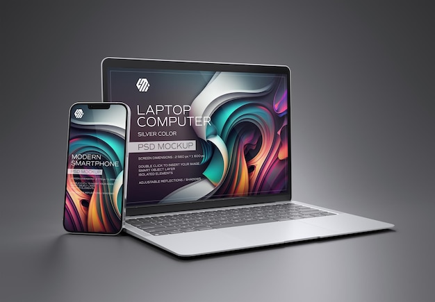 PSD smartphone e laptop no escuro mockup