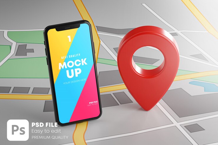 PSD smartphone e pin gps rosso sul mockup della mappa
