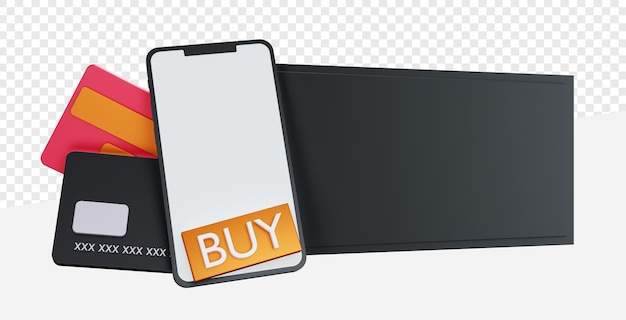 Smartphone em branco com botão de compra de banner de cartão de crédito isolado