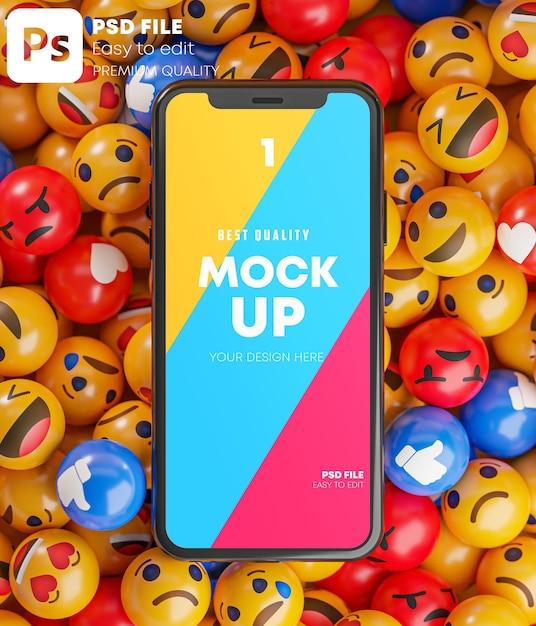 PSD smartphone entre um monte de emoticons de emojis no modelo de renderização 3d