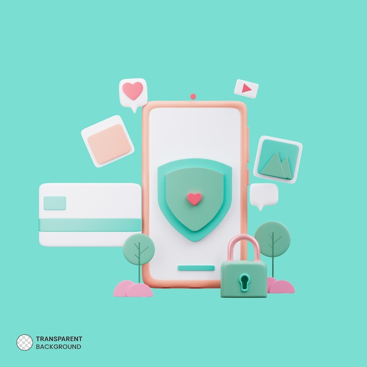 PSD smartphone con escudo de protección y bloqueo 3d ilustración