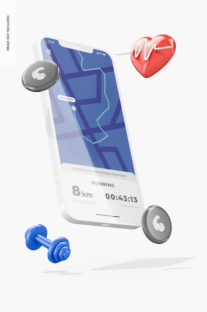 Smartphone con Fitness App Iconos Mockup, Perspectiva