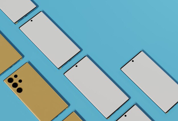Smartphone-Geräte diagonal auf blauem Hintergrund angeordnet