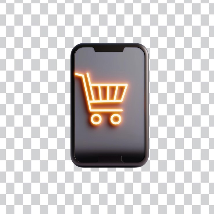 PSD smartphone con icono de carrito de compras brillante que representa las compras en línea