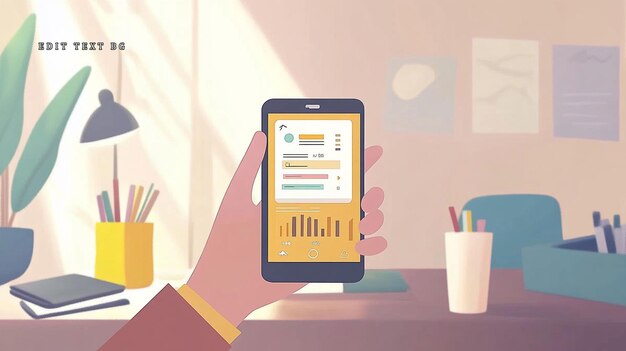 Smartphone in der Hand mit einer Datenanalyse-App auf dem Schreibtisch