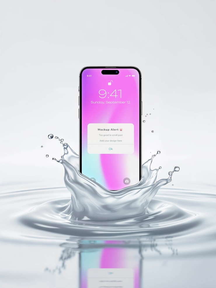 PSD smartphone in a water splash