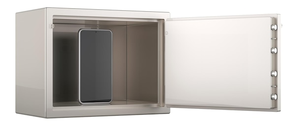 Smartphone inside safe with combination lock 3D rendering isolated on transparent background