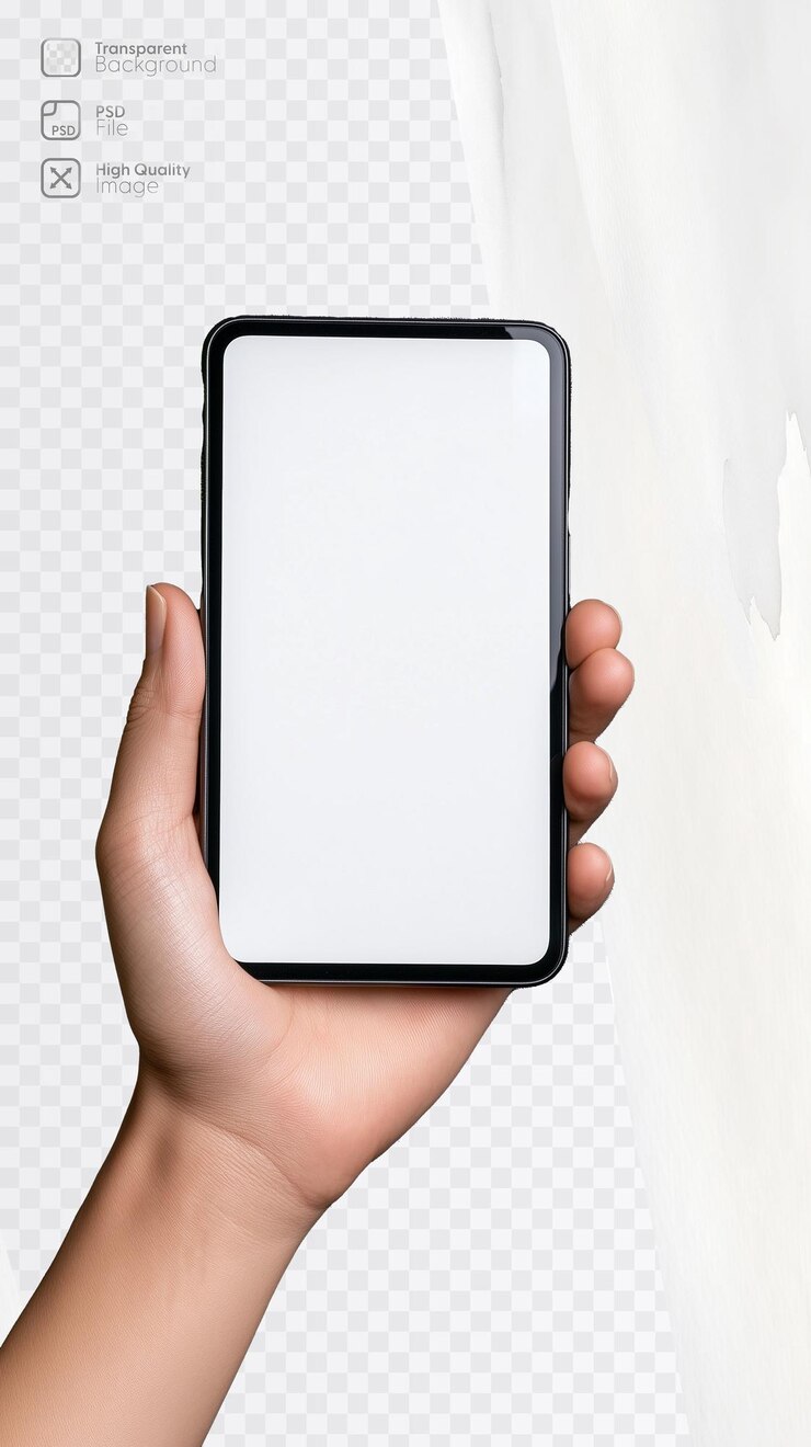 PSD smartphone en la mano con pantalla en blanco sobre un fondo transparente