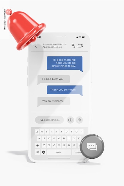 PSD smartphone con maqueta de iconos de aplicación de chat, vista frontal