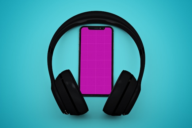 PSD smartphone con maqueta de pantalla y auriculares, concepto de aplicación de música