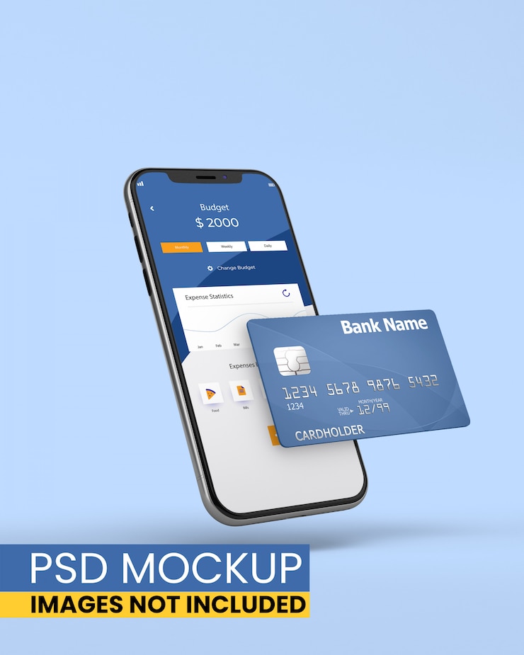 PSD smartphone con maqueta de tarjeta de crédito