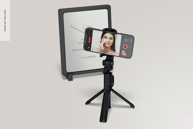 Smartphone en maqueta de trípode con premio