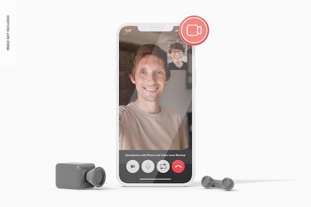 PSD smartphone avec maquette d'icônes de téléphone et de vidéo, vue de face