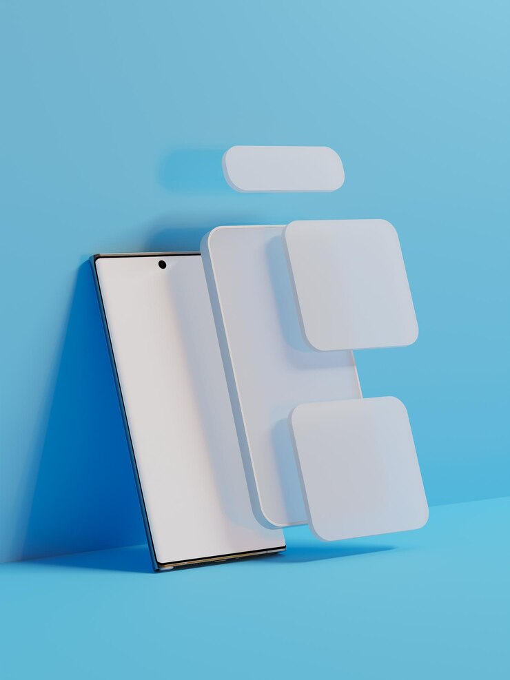 PSD smartphone minimalista con elementi di interfaccia galleggianti su uno sfondo blu
