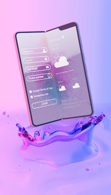 PSD smartphone mit anmeldungsseite und buntem flüssigem hintergrund