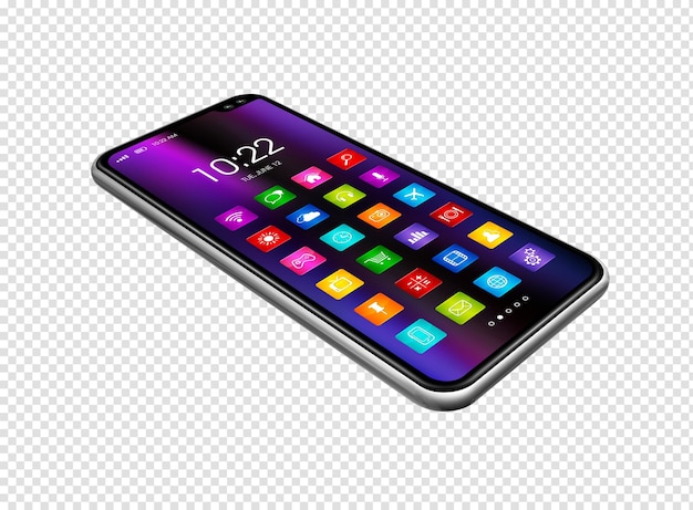 Smartphone mit buntem Icon-Set isoliert auf transparentem Hintergrund 3D-Render