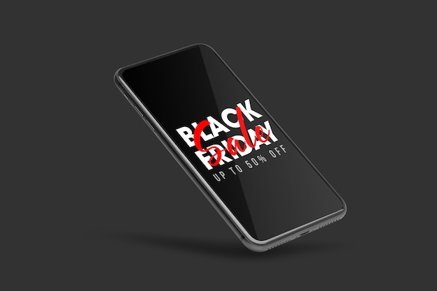 Smartphone mobile nero con venerdì nero sullo schermo mockup