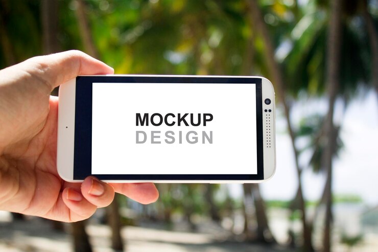 Smartphone Mock-Up con tenersi per mano, spiaggia, ragazza, vacanza