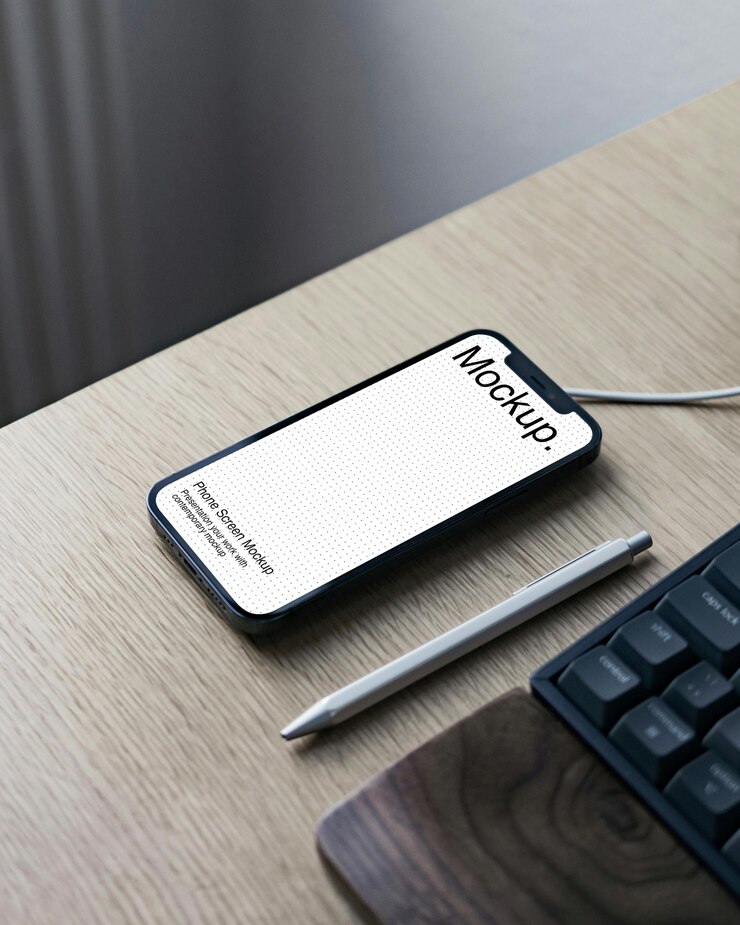 Smartphone-Mockup auf einem Holztisch