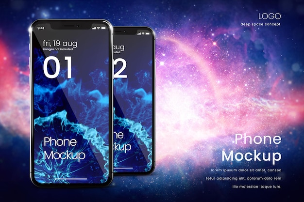 Smartphone Mockup di due telefoni sullo sfondo dello spazio profondo