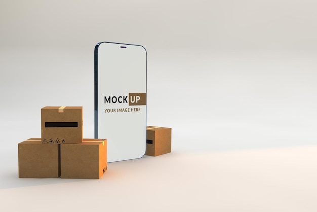 Smartphone mockup e concetto di scatole di cartone