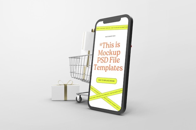 Smartphone-Mockup mit Einkaufswagen und Geschenken für E-Commerce-Präsentation