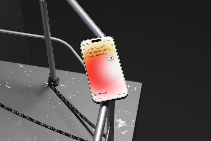 PSD smartphone mockup on a metal structure