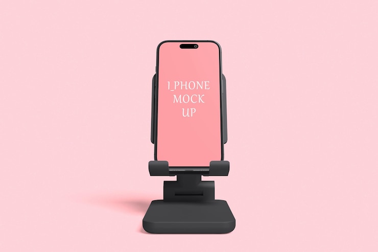 PSD smartphone mockup on stand against pink background