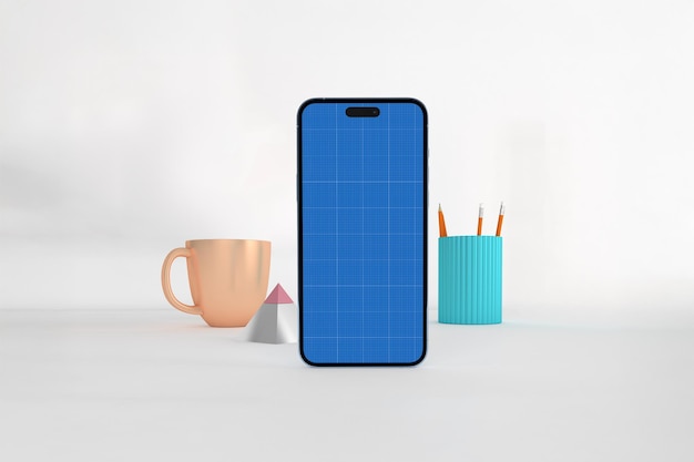 Smartphone mockup with geometric shapes and office supplies on a white background