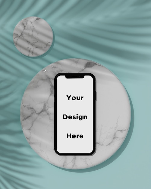Smartphone-modell auf einer marmorbeschaffenheit mit tropischem baumschatten 3d rendern