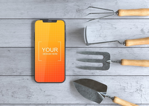 PSD smartphone-modell mit gartengeräten