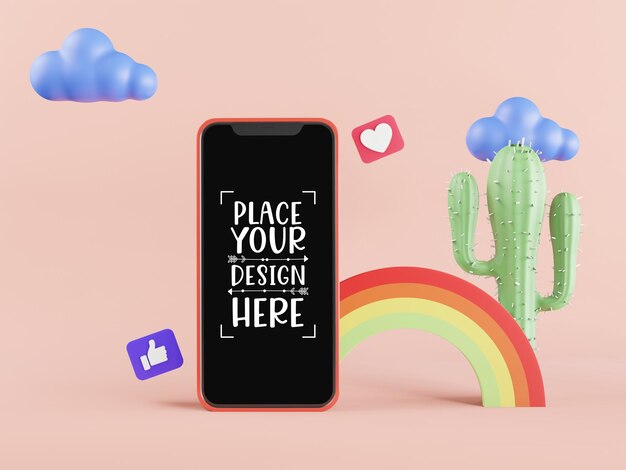 Smartphone-modell mit leerem bildschirm und regenbogen und kaktus