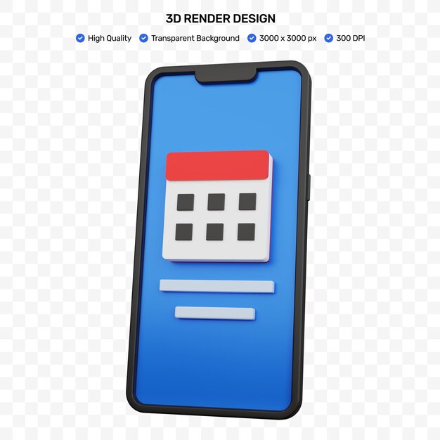 Smartphone Noir De Rendu 3d Avec Icône De Calendrier Isolé