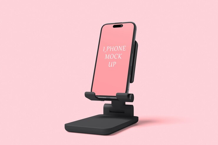 PSD smartphone on black stand mockup with pink backdrop