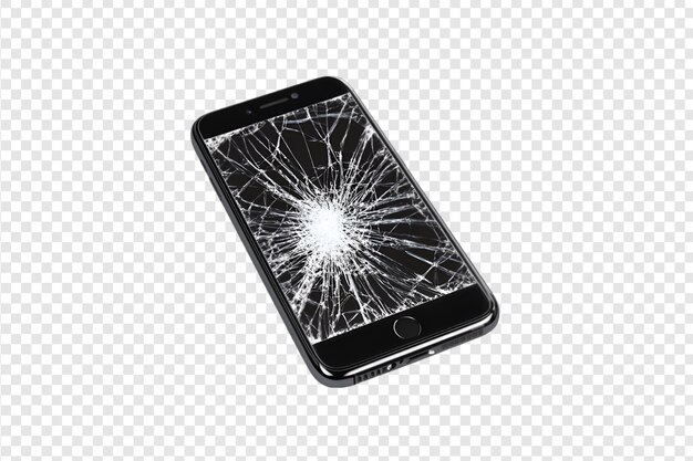 Smartphone con una pantalla destrozada que se encuentra plana aislada en un fondo transparente