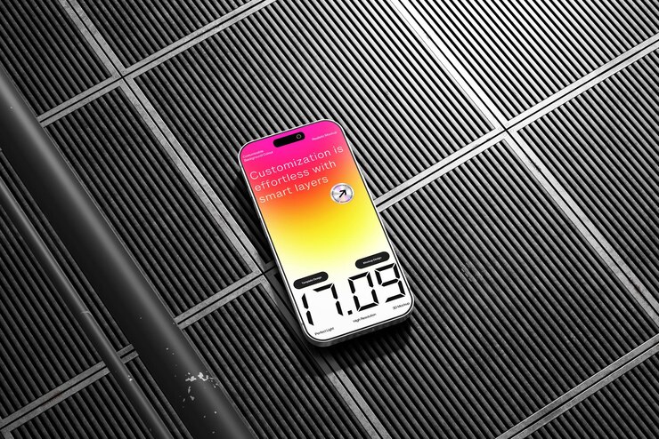 PSD smartphone con una pantalla gradiente en un fondo de cuadrícula