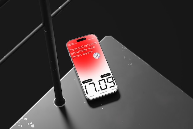 Smartphone con pantalla roja y blanca que muestra la interfaz digital